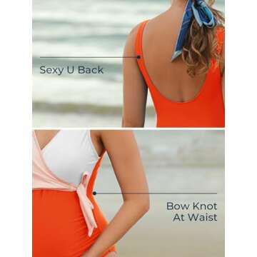 Maternity Swimsuit One Piece Tie Front Bathing Suit V Neck Pregnancy Swimwear High Cut Orange White M
