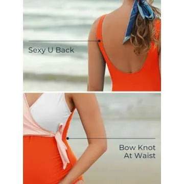 Maternity Swimsuit One Piece Tie Front Bathing Suit V Neck Pregnancy Swimwear High Cut Orange White M