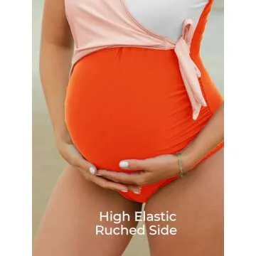 Maternity Swimsuit One Piece Tie Front Bathing Suit V Neck Pregnancy Swimwear High Cut Orange White M