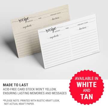 321Done Recipe Cards, Made in USA - 4x6 Tan, Simple Script, Double-Sided Thick Cardstock, Cute Vintage Rustic Kraft Look for Bridal Shower Wedding Housewarming Gift - Pack of 50