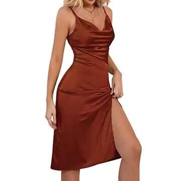 LYANER Women's Satin Drape Cowl Neck Sleeveless Strappy Cami Split Slit Cocktail Party Midi Dress Rust Brown Medium