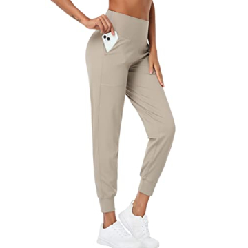 Oalka Women's Joggers High Waist Yoga Pockets Sweatpants Sport Workout Pants Khaki Brown XS