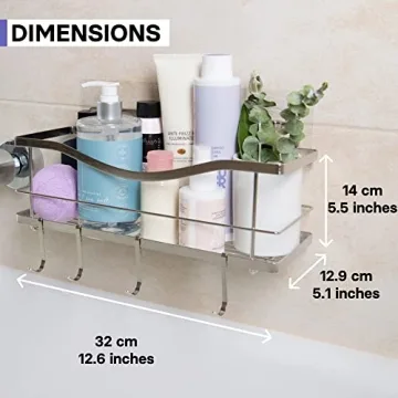 KINCMAX Premium Shower Caddy - Self Adhesive Shower Organizer w/ 4 Hooks, Drill-Free Shower Shelves for Inside Shower, Rustproof Stainless Steel Shower Rack for Bathroom, Shower Accessories, Silver