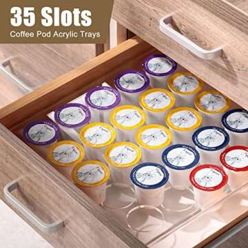 4 Pack 35 Slots Flat Countertop Coffee Pod Holder Acrylic Storage Tray Clear Coffee Pod Organizer for Office, Home and Kitchen Counters or Drawers Coffee Pods
