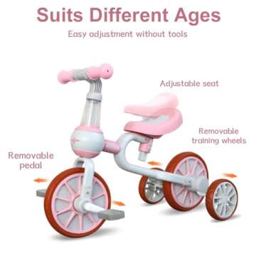 XIAPIA 3 in 1 Toddler Bike for 2-4 Year Old Girl, Kids Tricycle with Adjustable Seat, Detachable Pedal and Training Wheels, Baby Balance Bike Trikes Riding Toys, Kids Chirstmas Birthday Gifts Pink