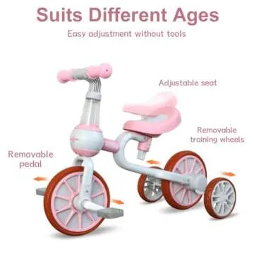 XIAPIA 3 in 1 Toddler Bike for 2-4 Year Old Girl, Kids Tricycle with Adjustable Seat, Detachable Pedal and Training Wheels, Baby Balance Bike Trikes Riding Toys, Kids Chirstmas Birthday Gifts Pink