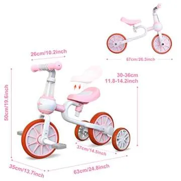 XIAPIA 3 in 1 Toddler Bike for 2-4 Year Old Girl, Kids Tricycle with Adjustable Seat, Detachable Pedal and Training Wheels, Baby Balance Bike Trikes Riding Toys, Kids Chirstmas Birthday Gifts Pink