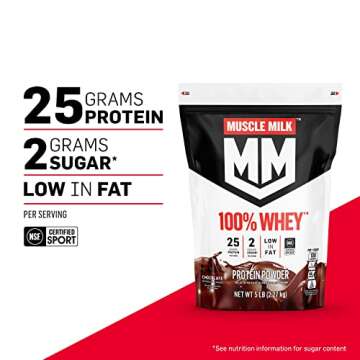 Muscle Milk 100% Whey Protein Powder, Vanilla, 5 Pound, 68 Servings, 25g Protein, 2g Sugar, Low in F...