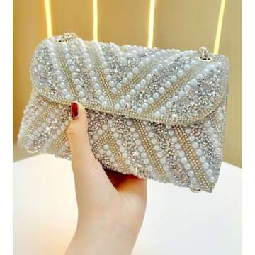 Sweetovo Luxury Beaded Clutch Purse for Women Sparkling Rhinestone Pearl Evening Handbags Chain Shoulder Bags for Party Prom Wedding(Silver-1)