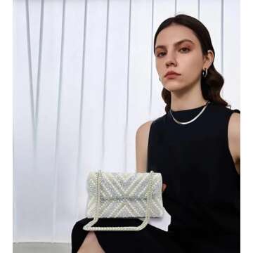 Sweetovo Luxury Beaded Clutch Purse for Women Sparkling Rhinestone Pearl Evening Handbags Chain Shoulder Bags for Party Prom Wedding(Silver-1)