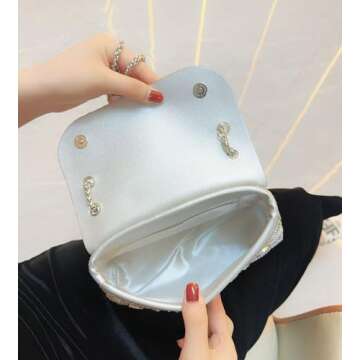 Sweetovo Luxury Beaded Clutch Purse for Women Sparkling Rhinestone Pearl Evening Handbags Chain Shoulder Bags for Party Prom Wedding(Silver-1)