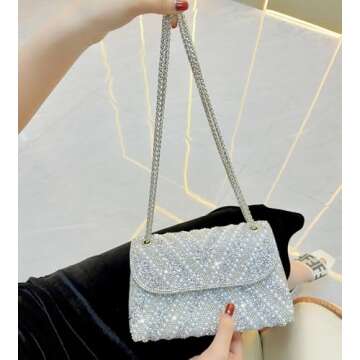 Sweetovo Luxury Beaded Clutch Purse for Women Sparkling Rhinestone Pearl Evening Handbags Chain Shoulder Bags for Party Prom Wedding(Silver-1)