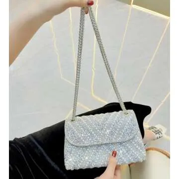 Sweetovo Luxury Beaded Clutch Purse for Women Sparkling Rhinestone Pearl Evening Handbags Chain Shoulder Bags for Party Prom Wedding(Silver-1)