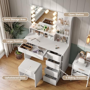 Furniouse 37" Vanity Desk with Adjustable LED Lights