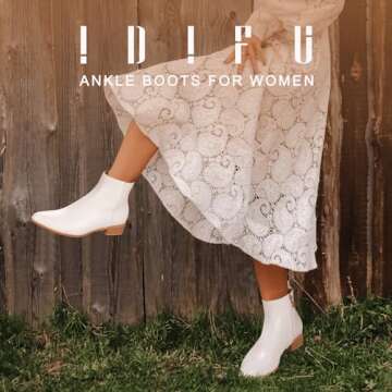 IDIFU Women's Romy Classic Pointed Toe Ankle Boots Side Zipper Low Block Heel Dress Booties(White Pu...