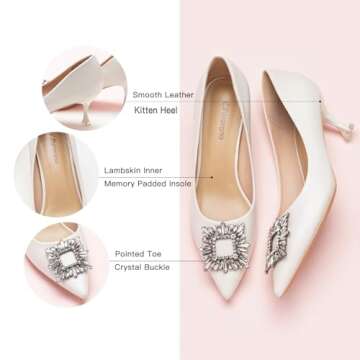 C.Paravano Women's Pumps I Pointed Toe Low Heels I Crystal Buckle Pumps I Comfortable Dress Pump I Leather Wedding Shoes (Size 8.5,White)