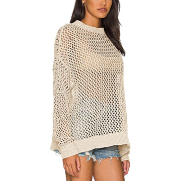 Ebifin Womens Crochet Tops Long Sleeve Beach Summer Sweater Crew Neck Mesh Cover Ups Bikini Swimsuit Tunic Pullover Tops Beige