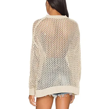 Ebifin Womens Crochet Tops Long Sleeve Beach Summer Sweater Crew Neck Mesh Cover Ups Bikini Swimsuit Tunic Pullover Tops Beige
