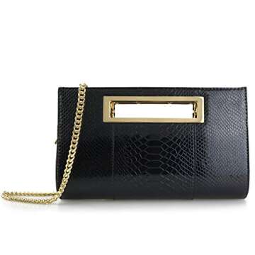 HOXIS Classic Crocodile Pattern Faux Patent Leather Metal Grip Cut it out Clutch with Shoulder Strap Womens Handbag(Black)