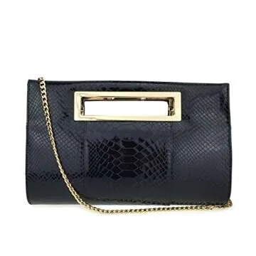 HOXIS Classic Crocodile Pattern Faux Patent Leather Metal Grip Cut it out Clutch with Shoulder Strap Womens Handbag(Black)