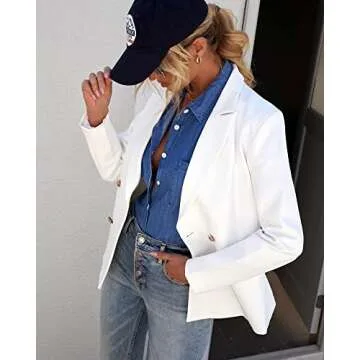 Utyful Women’s Casual Notched Lapel Double Breasted Button Pocket Blazer Jacket White Small