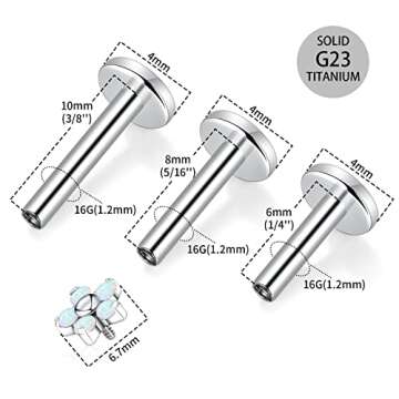Tragus Piercing Jewelry Cartilage Earring Lip Studs G23 Titanium Earrings Silver Stud Conch Piercing Jewelry Helix Earrings Stud Flower Opal End with 16g 6mm 8mm 10mm Internally Threaded Labret Post