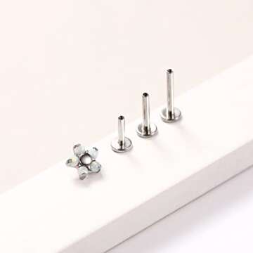 Tragus Piercing Jewelry Cartilage Earring Lip Studs G23 Titanium Earrings Silver Stud Conch Piercing Jewelry Helix Earrings Stud Flower Opal End with 16g 6mm 8mm 10mm Internally Threaded Labret Post