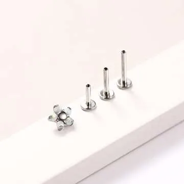 Tragus Piercing Jewelry Cartilage Earring Lip Studs G23 Titanium Earrings Silver Stud Conch Piercing Jewelry Helix Earrings Stud Flower Opal End with 16g 6mm 8mm 10mm Internally Threaded Labret Post