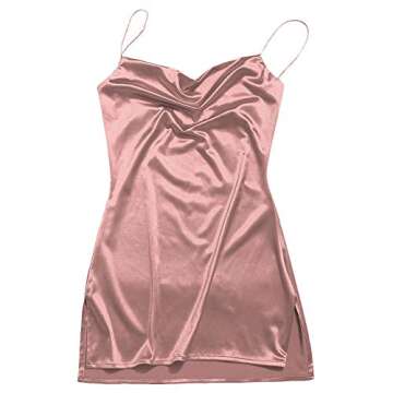 ZAFUL Women's Casual Satin Dress Spaghetti Strap Cowl Neck Slips Nightwear Side Slit Cocktail Party Silk Mini Cami Dresses (A-f Rose,M)