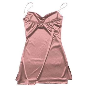ZAFUL Women's Casual Satin Dress Spaghetti Strap Cowl Neck Slips Nightwear Side Slit Cocktail Party Silk Mini Cami Dresses (A-f Rose,M)