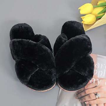 Cozy Fuzzy Cross Band Slipper for Women - Soft Plush Fleece House Indoor Outdoor Slippers With Non S...