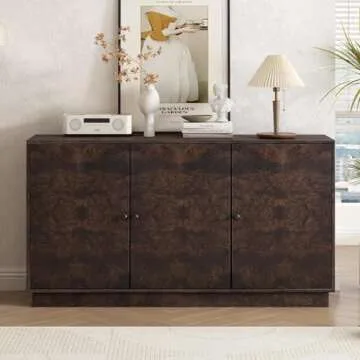 Retro Vintage Sideboard Buffet Cabinet with 3 Doors and Adjustable Shelves, Wood Prints Sideboard Storage Cabinet Accent Cabinet, Console Table Cabinet for Living Room,Hallway, Entryway (Brown)