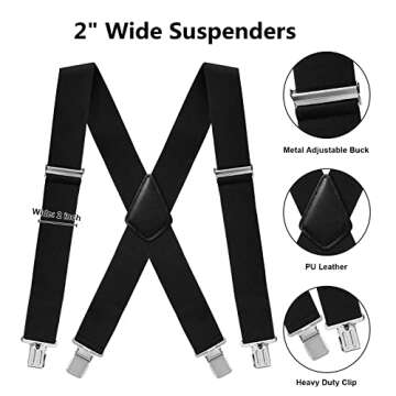 Fasker Mens Suspenders X-Back Wide Adjustable Solid Straight Heavy Duty Clip Suspenders for Men Women, 01 Black(2 inch wide)
