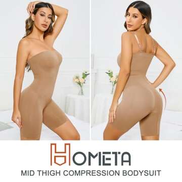HOMETA Women's Shapewear Bodysuits Tummy Control Butt Lifter Body Shaper Strapless Seamless Mid Thig...