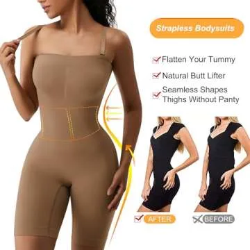 HOMETA Women's Shapewear Bodysuits Tummy Control Butt Lifter Body Shaper Strapless Seamless Mid Thigh Jumpsuit Tops