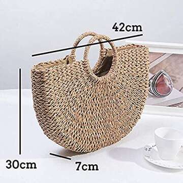 Straw Crossbody Bag, Women Beach Shoulder Summer Top Handle Crossbody Round Purse Ladies Woven Fashion Crochet (Beige)