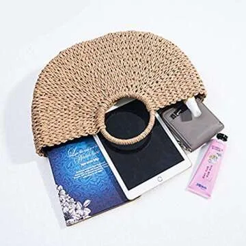 Straw Crossbody Bag, Women Beach Shoulder Summer Top Handle Crossbody Round Purse Ladies Woven Fashion Crochet (Beige)