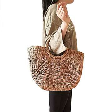 Straw Crossbody Bag, Women Beach Shoulder Summer Top Handle Crossbody Round Purse Ladies Woven Fashion Crochet (Beige)