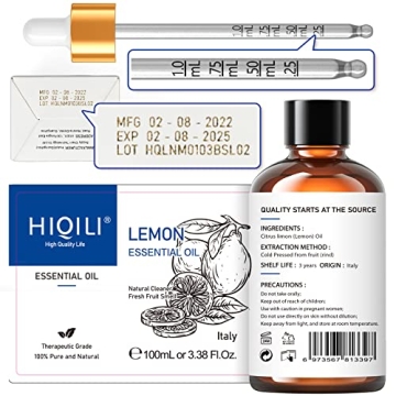 HIQILI 100ML Lemon Essential Oil, Household Cleaning, Air Purification, Skin Care, Can be Added to Cleansers, Sprays, Body Lotions Use - 3.38 Fl Oz