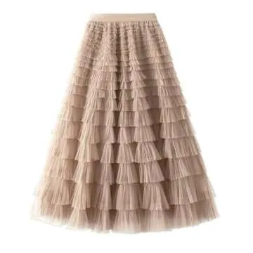 Flygo Women's Long Maxi Tulle Skirts A Line Ruffle High Waisted Tiered Layered Mesh Tutu Skirt Petti...