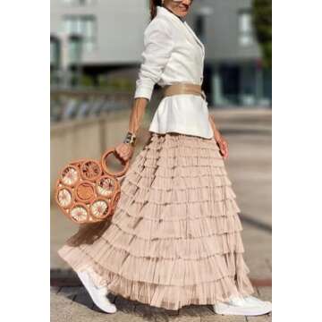 Flygo Women's Long Maxi Tulle Skirts A Line Ruffle High Waisted Tiered Layered Mesh Tutu Skirt Petticoat(Champagne-M)
