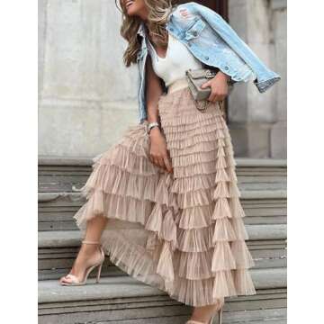 Flygo Women's Long Maxi Tulle Skirts A Line Ruffle High Waisted Tiered Layered Mesh Tutu Skirt Petticoat(Champagne-M)