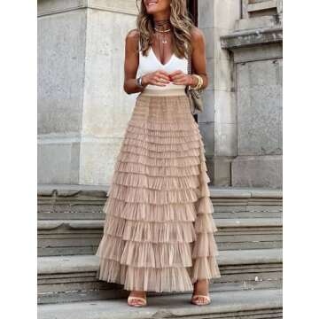 Flygo Women's Long Maxi Tulle Skirts A Line Ruffle High Waisted Tiered Layered Mesh Tutu Skirt Petticoat(Champagne-M)