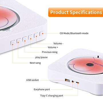 Yintiny Rechargeable Cute CD Player with Blutooth 5.0; Portable Music Player for Home Decor; Remote Control; Support AUX in Cable&USB; HiFi Bluetooth Player