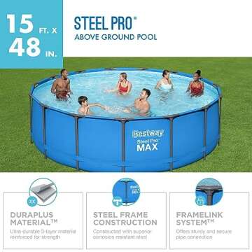 Bestway Steel Pro 15’ x 48" Round Metal Steel Frame Above Ground Outdoor Backyard Family Swimming ...