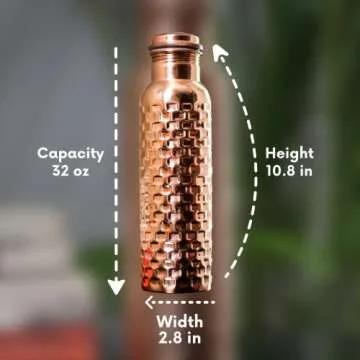 Craft Trade Diamond Pure Copper Bottle with Lid and Carry Bag for Drinking Water BPA Free Leak Proof Boosts Immunity, Supports Digestive & Liver Health, Ayurveda Inspired 34oz - 1 Litre Natural