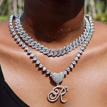 DLSIXNCO Silver Cuban Link Chain for Women Cursive Initial Layered Necklaces Heart Shape Bling Diamo...