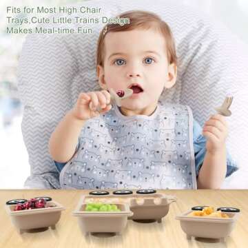 Baby Suction Plate Silicone, 5 Piece Baby Feeding Set - Non Slip Unique Trains Toddler Plates with F...