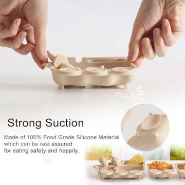 Baby Suction Plate Silicone, 5 Piece Baby Feeding Set - Non Slip Unique Trains Toddler Plates with Fork Spoon, Kids Baby Weaning Plate for No More Meal Time Mess (Beige-Black)