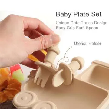 Baby Suction Plate Silicone, 5 Piece Baby Feeding Set - Non Slip Unique Trains Toddler Plates with Fork Spoon, Kids Baby Weaning Plate for No More Meal Time Mess (Beige-Black)
